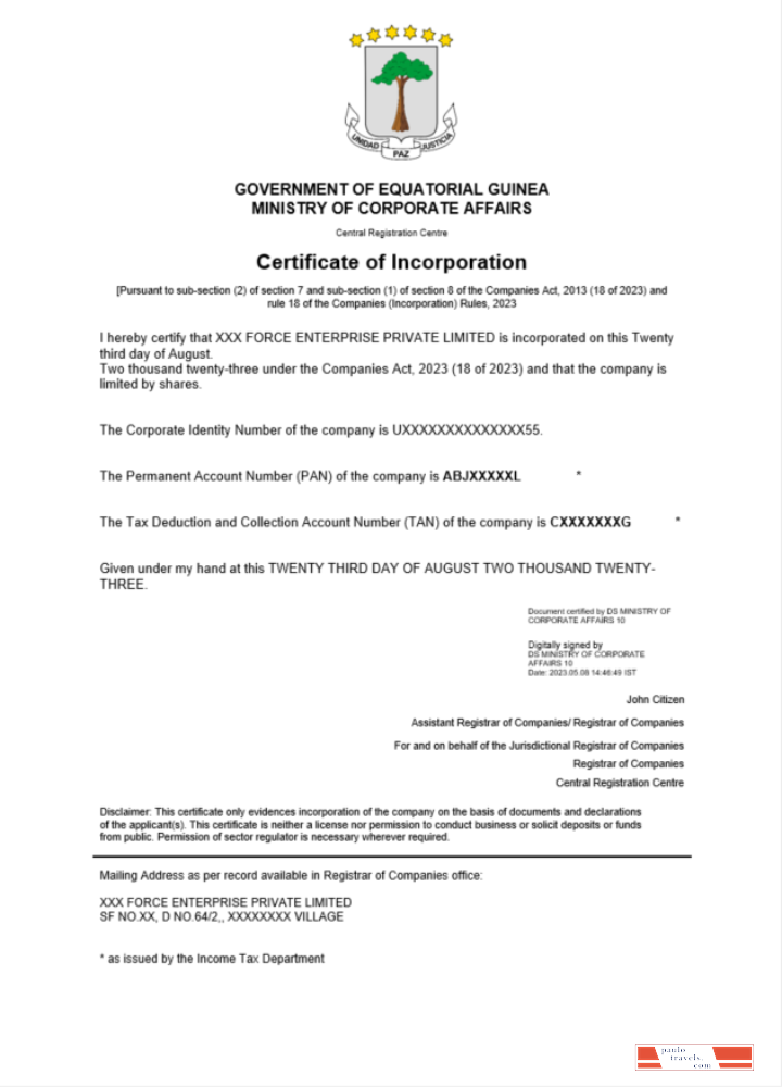 Equatorial Guinea certificate of registration Word and PDF template